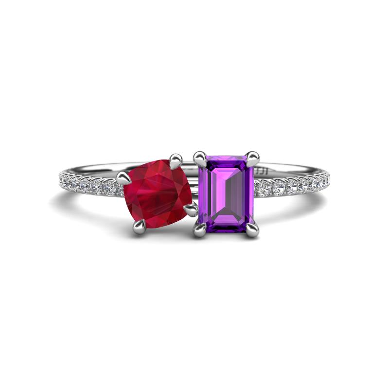 Elyse 6.00 mm Cushion Shape Lab Created Ruby and 7x5 mm Emerald Shape Amethyst 2 Stone Duo Ring 