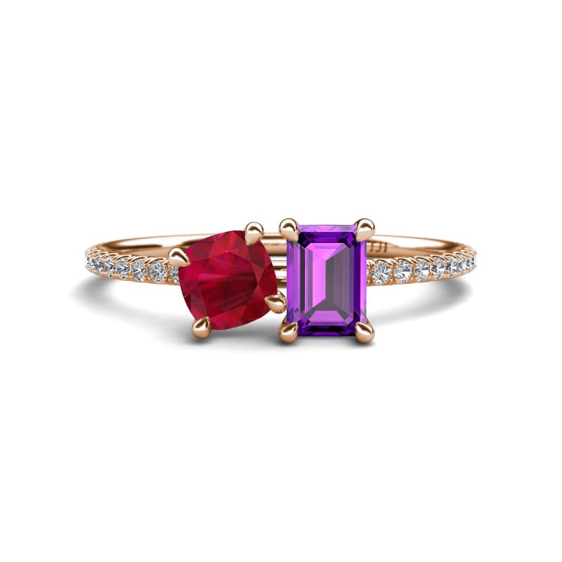 Elyse 6.00 mm Cushion Shape Lab Created Ruby and 7x5 mm Emerald Shape Amethyst 2 Stone Duo Ring 