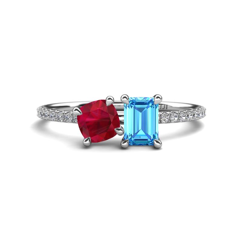 Elyse 6.00 mm Cushion Shape Lab Created Ruby and 7x5 mm Emerald Shape Blue Topaz 2 Stone Duo Ring 