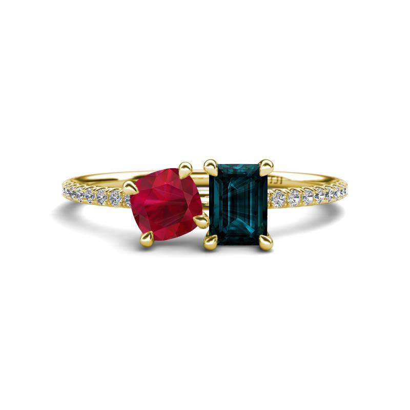 Elyse 6.00 mm Cushion Shape Lab Created Ruby and 7x5 mm Emerald Shape London Blue Topaz 2 Stone Duo Ring 