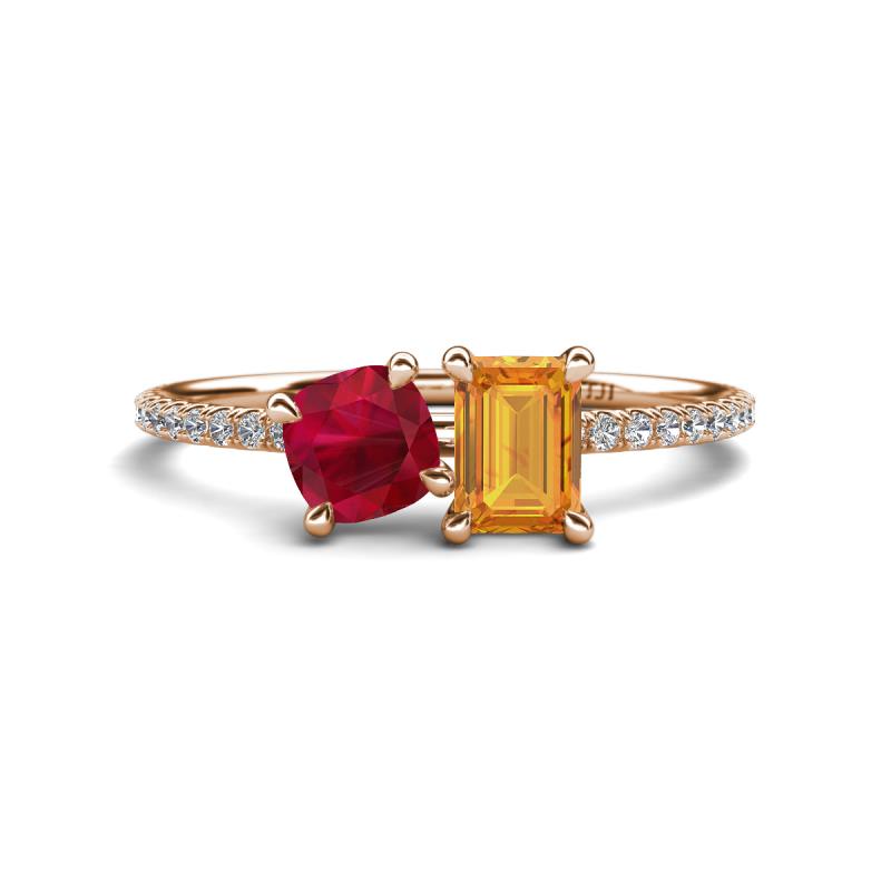 Elyse 6.00 mm Cushion Shape Lab Created Ruby and 7x5 mm Emerald Shape Citrine 2 Stone Duo Ring 