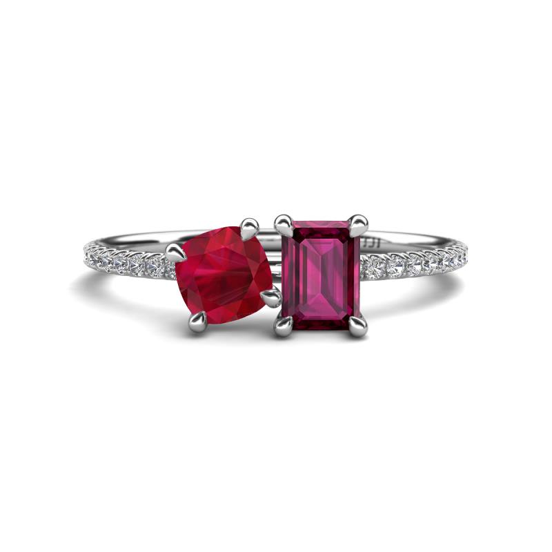 Elyse 6.00 mm Cushion Shape Lab Created Ruby and 7x5 mm Emerald Shape Rhodolite Garnet 2 Stone Duo Ring 