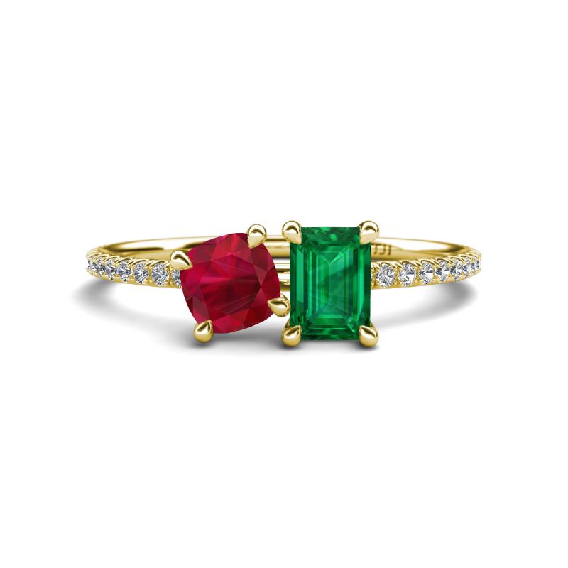Elyse 6.00 mm Cushion Shape Lab Created Ruby and 7x5 mm Emerald Shape Lab Created Emerald 2 Stone Duo Ring 