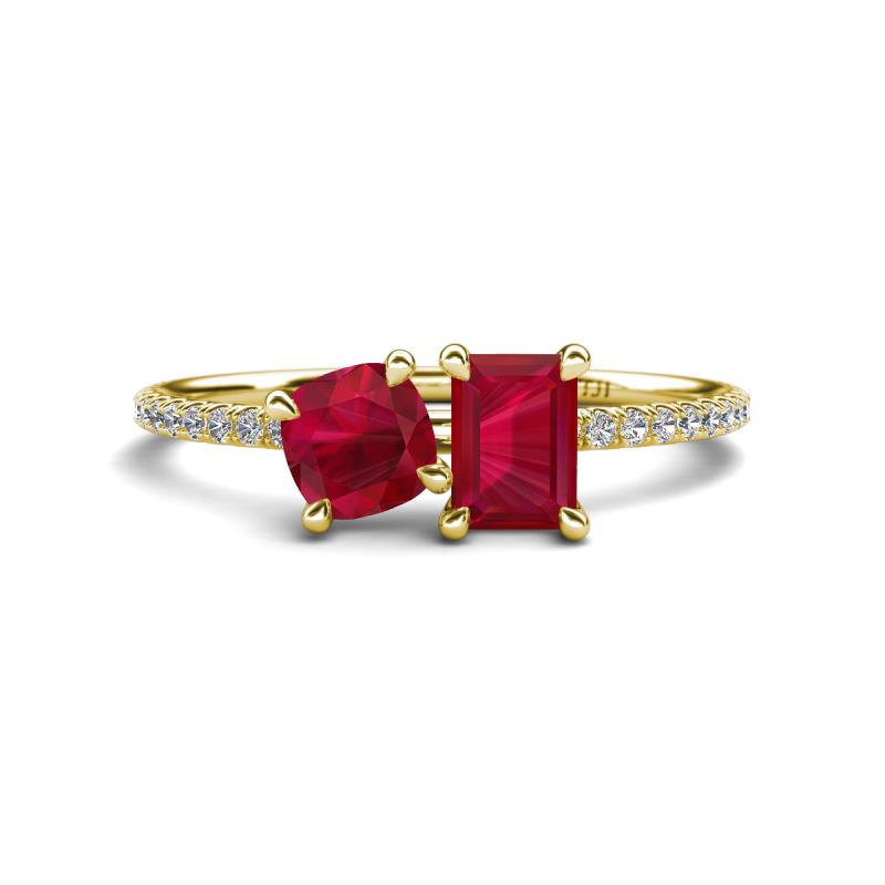 Elyse 6.00 mm Cushion Shape and 7x5 mm Emerald Shape Lab Created Ruby 2 Stone Duo Ring 