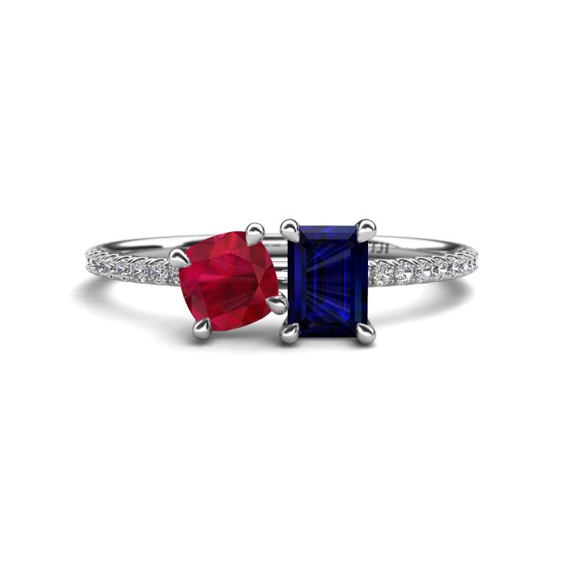 Elyse 6.00 mm Cushion Shape Lab Created Ruby and 7x5 mm Emerald Shape Lab Created Blue Sapphire 2 Stone Duo Ring 