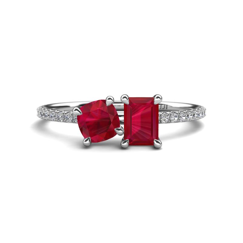 Elyse 6.00 mm Cushion Shape Lab Created Ruby and 7x5 mm Emerald Shape Lab Created Ruby 2 Stone Duo Ring 