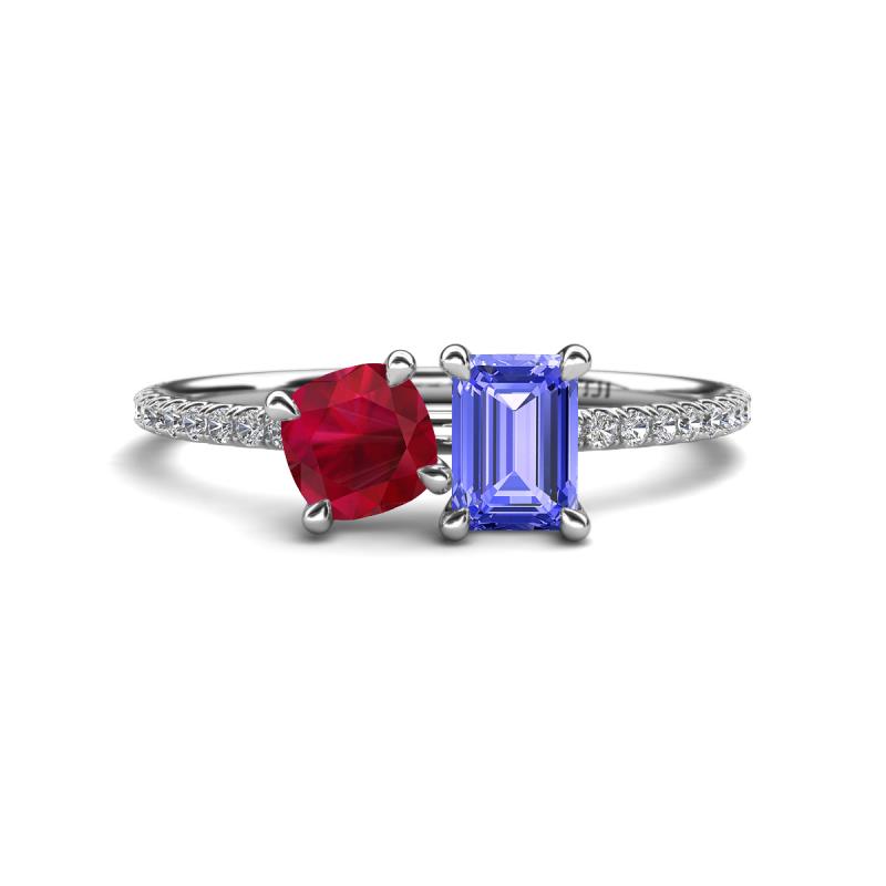 Elyse 6.00 mm Cushion Shape Lab Created Ruby and 7x5 mm Emerald Shape Tanzanite 2 Stone Duo Ring 