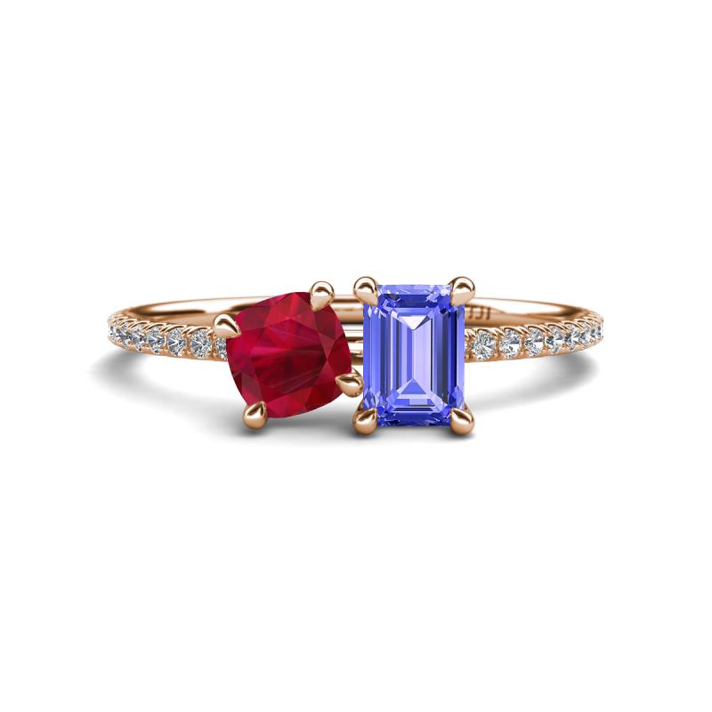 Elyse 6.00 mm Cushion Shape Lab Created Ruby and 7x5 mm Emerald Shape Tanzanite 2 Stone Duo Ring 