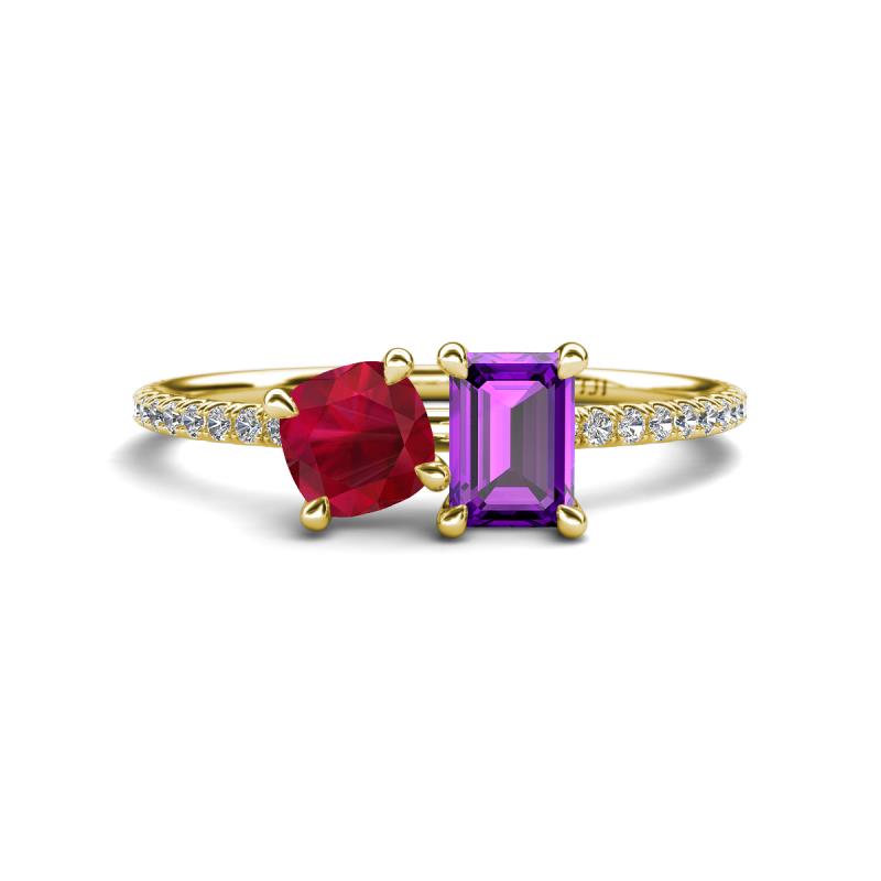 Elyse 6.00 mm Cushion Shape Lab Created Ruby and 7x5 mm Emerald Shape Amethyst 2 Stone Duo Ring 