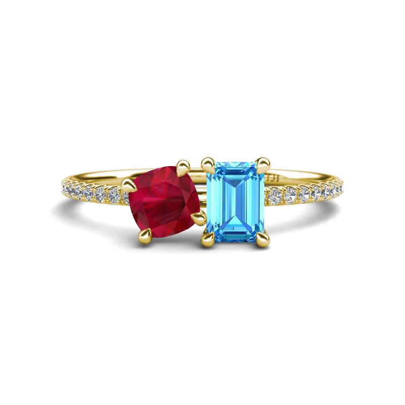 Elyse 6.00 mm Cushion Shape Lab Created Ruby and 7x5 mm Emerald Shape Blue Topaz 2 Stone Duo Ring 