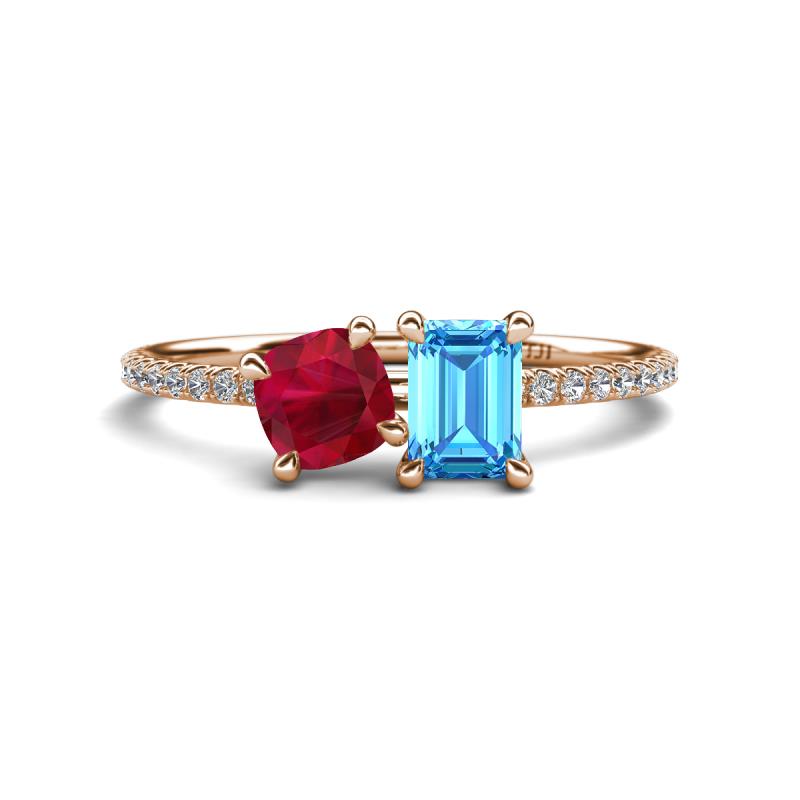 Elyse 6.00 mm Cushion Shape Lab Created Ruby and 7x5 mm Emerald Shape Blue Topaz 2 Stone Duo Ring 