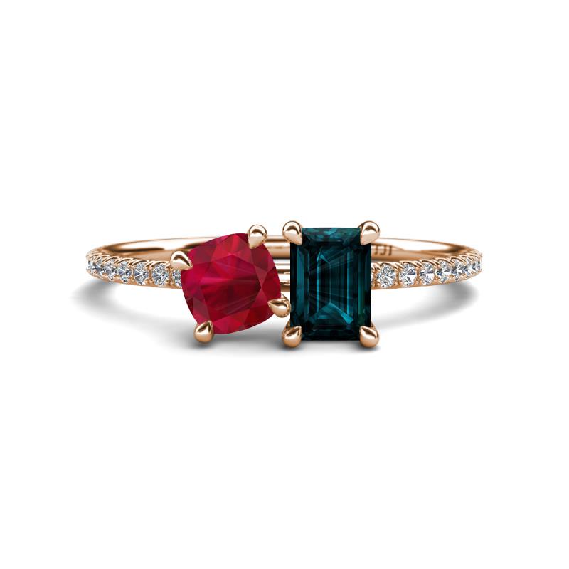 Elyse 6.00 mm Cushion Shape Lab Created Ruby and 7x5 mm Emerald Shape London Blue Topaz 2 Stone Duo Ring 