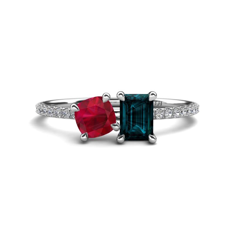 Elyse 6.00 mm Cushion Shape Lab Created Ruby and 7x5 mm Emerald Shape Lab London Blue Topaz 2 Stone Duo Ring 