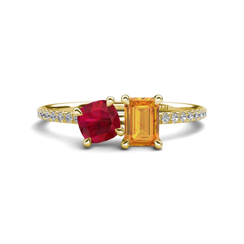 Elyse 6.00 mm Cushion Shape Lab Created Ruby and 7x5 mm Emerald Shape Citrine 2 Stone Duo Ring 