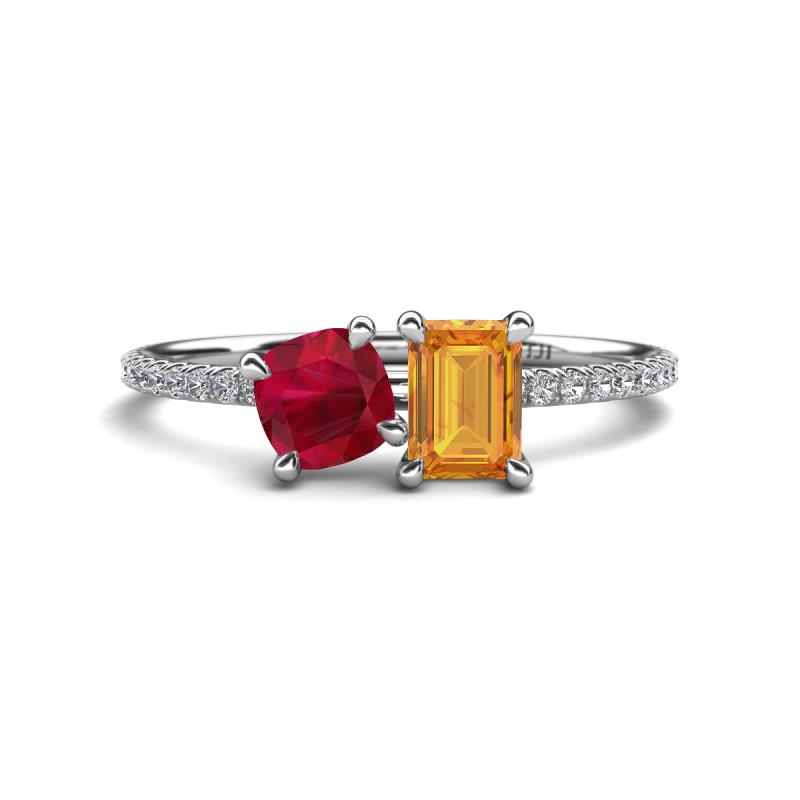Elyse 6.00 mm Cushion Shape Lab Created Ruby and 7x5 mm Emerald Shape Lab Citrine 2 Stone Duo Ring 