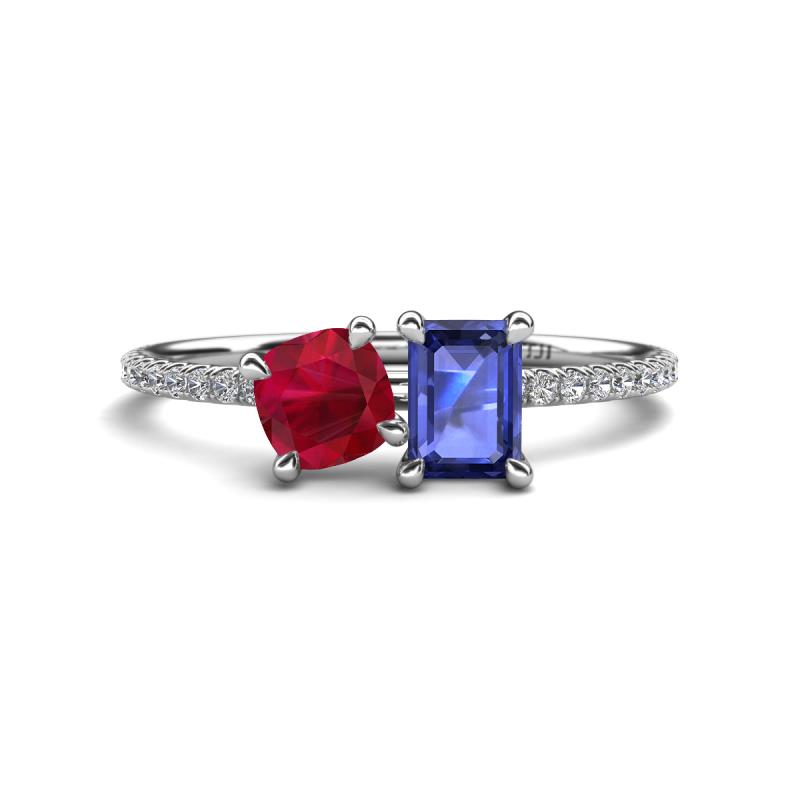 Elyse 6.00 mm Cushion Shape Lab Created Ruby and 7x5 mm Emerald Shape Lab Iolite 2 Stone Duo Ring 