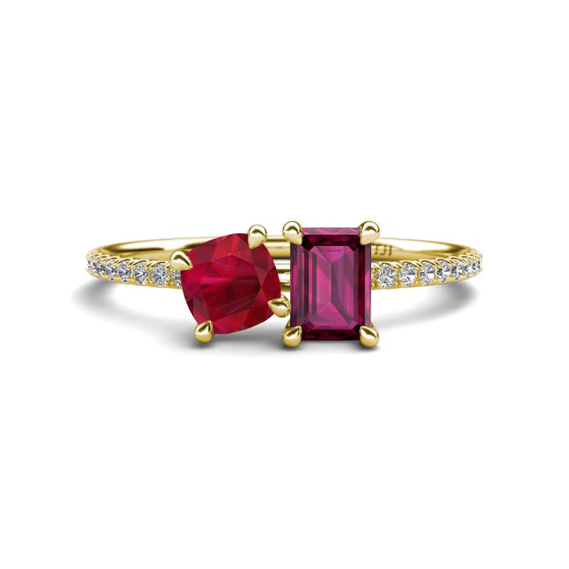 Elyse 6.00 mm Cushion Shape Lab Created Ruby and 7x5 mm Emerald Shape Rhodolite Garnet 2 Stone Duo Ring 