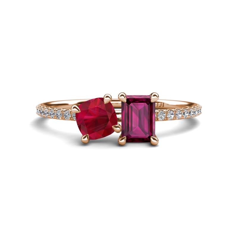 Elyse 6.00 mm Cushion Shape Lab Created Ruby and 7x5 mm Emerald Shape Rhodolite Garnet 2 Stone Duo Ring 