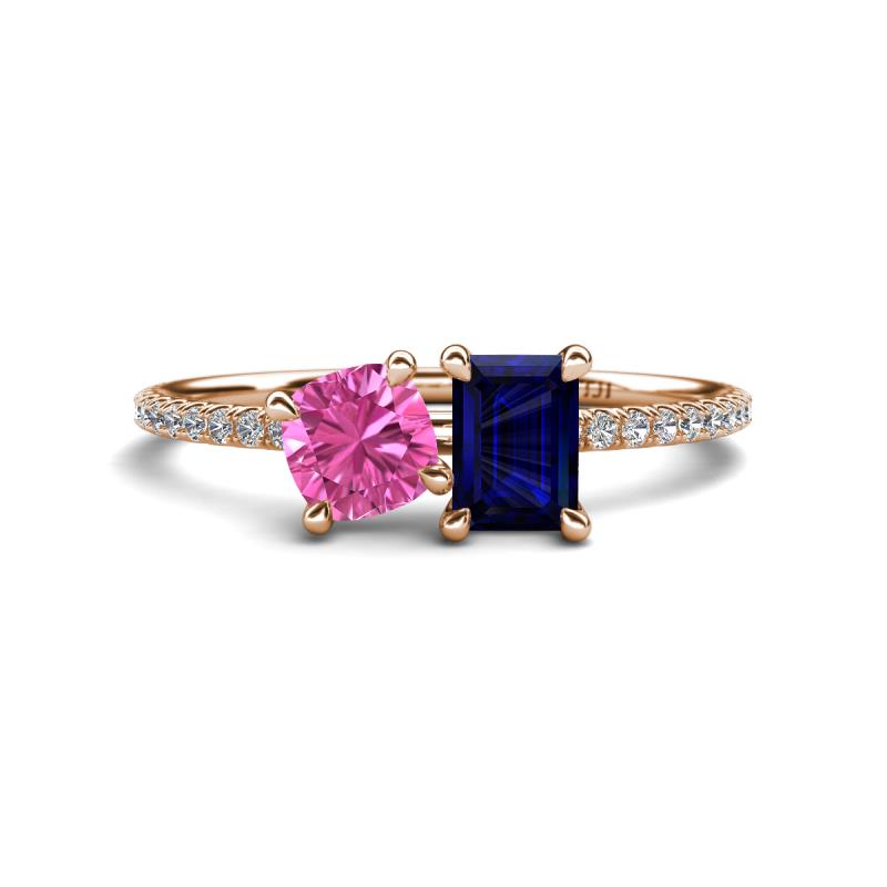 Elyse 6.00 mm Cushion Shape Lab Created Pink Sapphire and 7x5 mm Emerald Shape Lab Created Blue Sapphire 2 Stone Duo Ring 