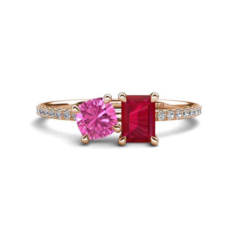 Elyse 6.00 mm Cushion Shape Lab Created Pink Sapphire and 7x5 mm Emerald Shape Lab Created Ruby 2 Stone Duo Ring 