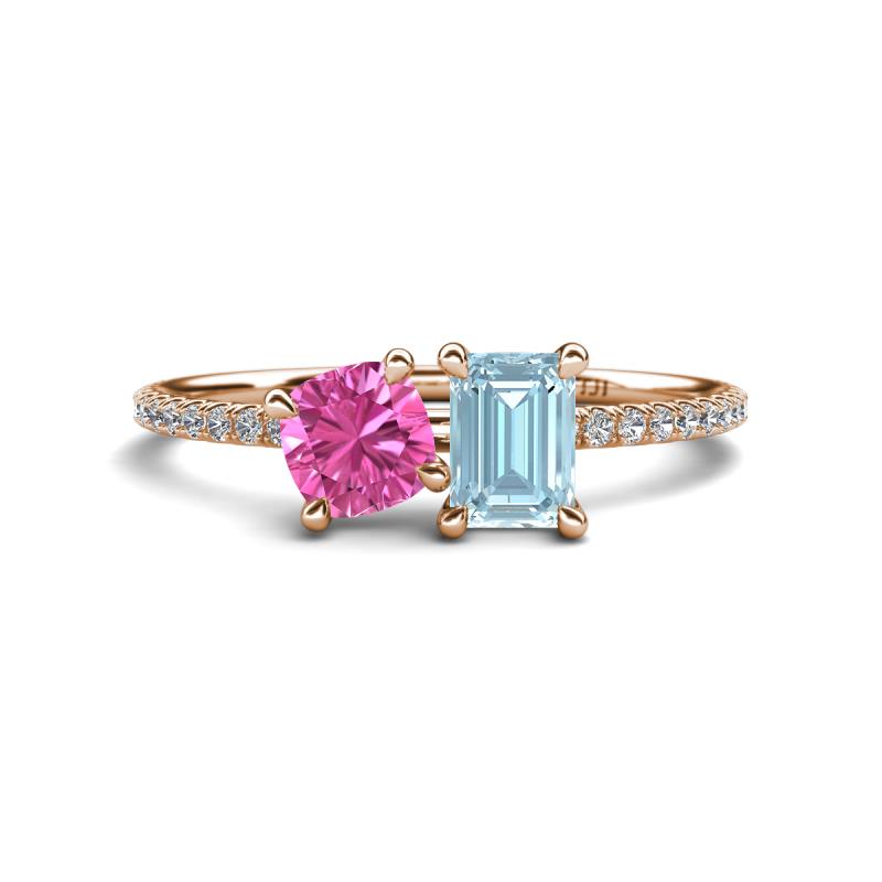 Elyse 6.00 mm Cushion Shape Lab Created Pink Sapphire and 7x5 mm Emerald Shape Aquamarine 2 Stone Duo Ring 
