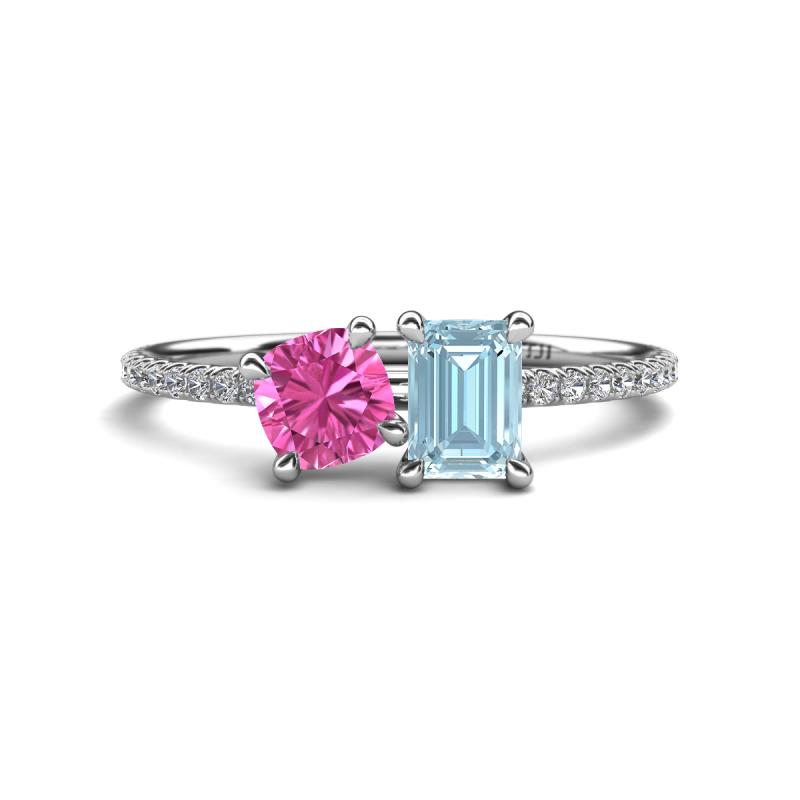 Elyse 6.00 mm Cushion Shape Lab Created Pink Sapphire and 7x5 mm Emerald Shape Aquamarine 2 Stone Duo Ring 