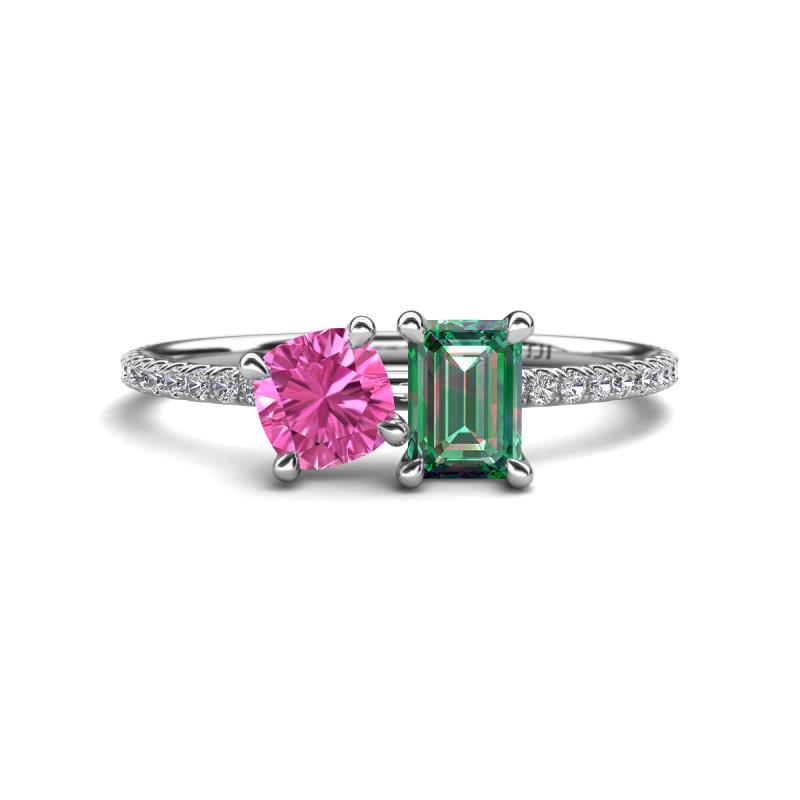 Elyse 6.00 mm Cushion Shape Lab Created Pink Sapphire and 7x5 mm Emerald Shape Lab Created Alexandrite 2 Stone Duo Ring 
