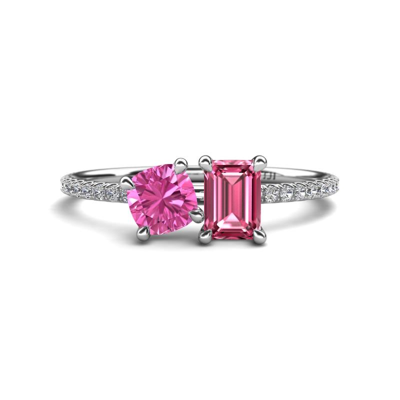 Elyse 6.00 mm Cushion Shape Lab Created Pink Sapphire and 7x5 mm Emerald Shape Pink Tourmaline 2 Stone Duo Ring 