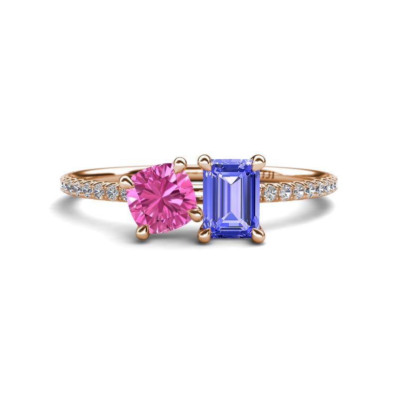 Elyse 6.00 mm Cushion Shape Lab Created Pink Sapphire and 7x5 mm Emerald Shape Tanzanite 2 Stone Duo Ring 