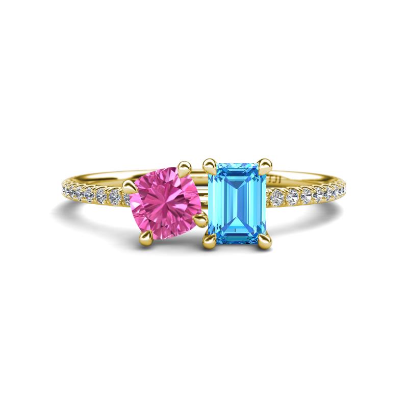 Elyse 6.00 mm Cushion Shape Lab Created Pink Sapphire and 7x5 mm Emerald Shape Blue Topaz 2 Stone Duo Ring 