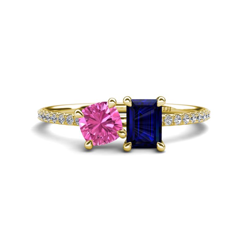 Elyse 6.00 mm Cushion Shape Lab Created Pink Sapphire and 7x5 mm Emerald Shape Lab Created Blue Sapphire 2 Stone Duo Ring 