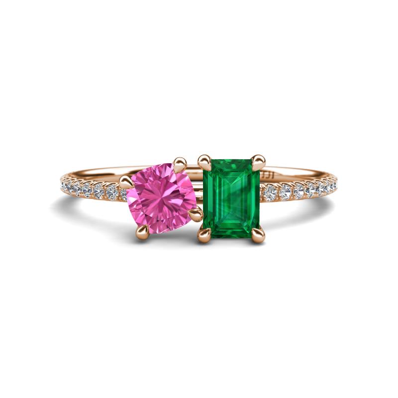 Elyse 6.00 mm Cushion Shape Lab Created Pink Sapphire and 7x5 mm Emerald Shape Lab Created Emerald 2 Stone Duo Ring 