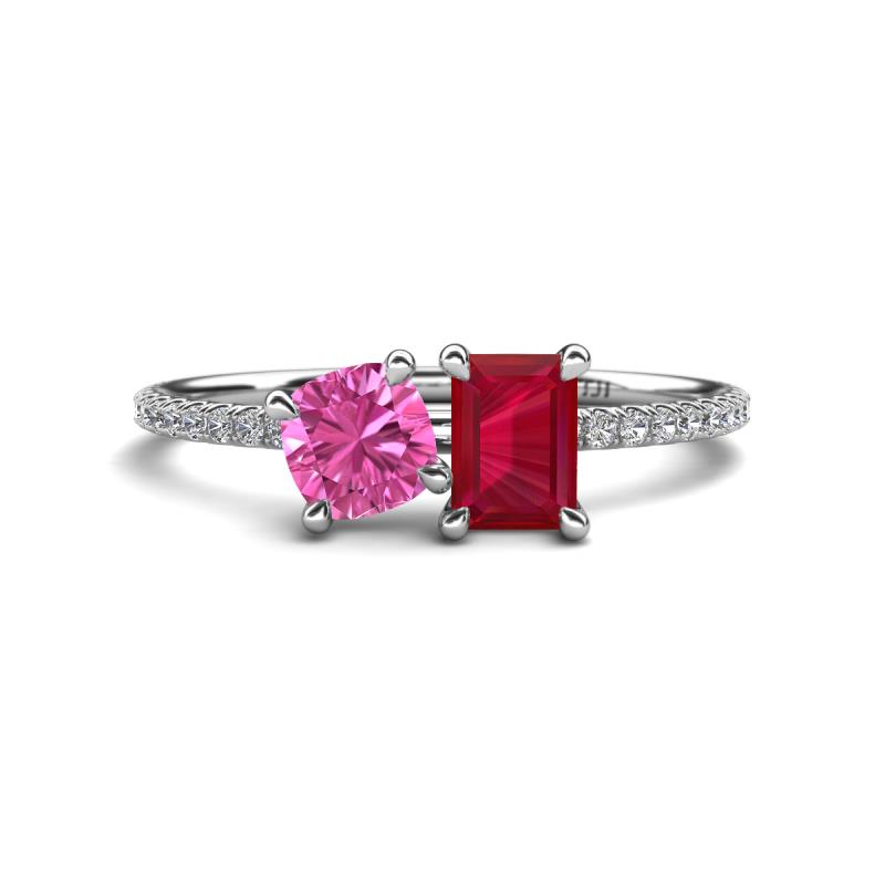 Elyse 6.00 mm Cushion Shape Lab Created Pink Sapphire and 7x5 mm Emerald Shape Lab Created Ruby 2 Stone Duo Ring 