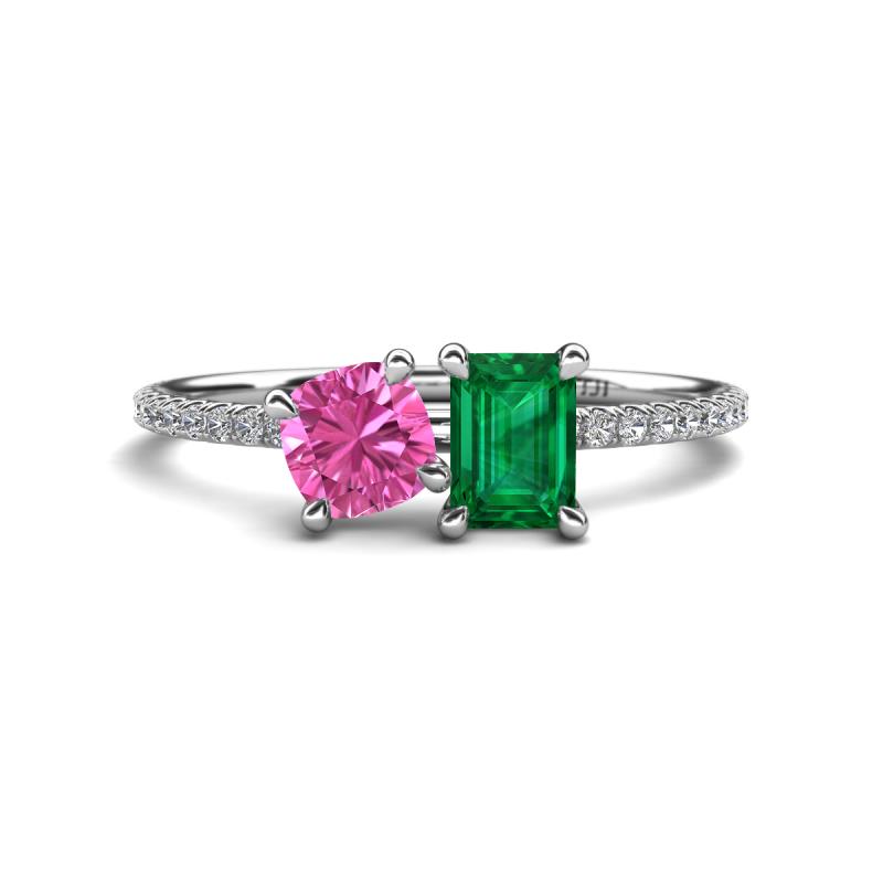 Elyse 6.00 mm Cushion Shape Lab Created Pink Sapphire and 7x5 mm Emerald Shape Lab Created Emerald 2 Stone Duo Ring 
