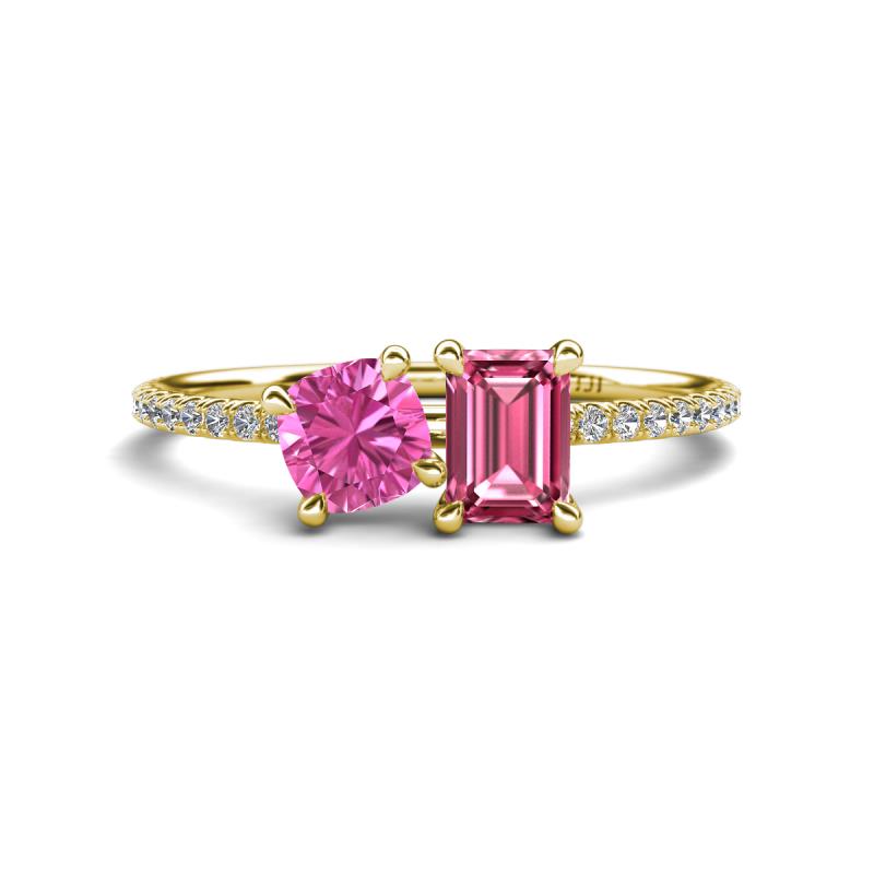 Elyse 6.00 mm Cushion Shape Lab Created Pink Sapphire and 7x5 mm Emerald Shape Pink Tourmaline 2 Stone Duo Ring 