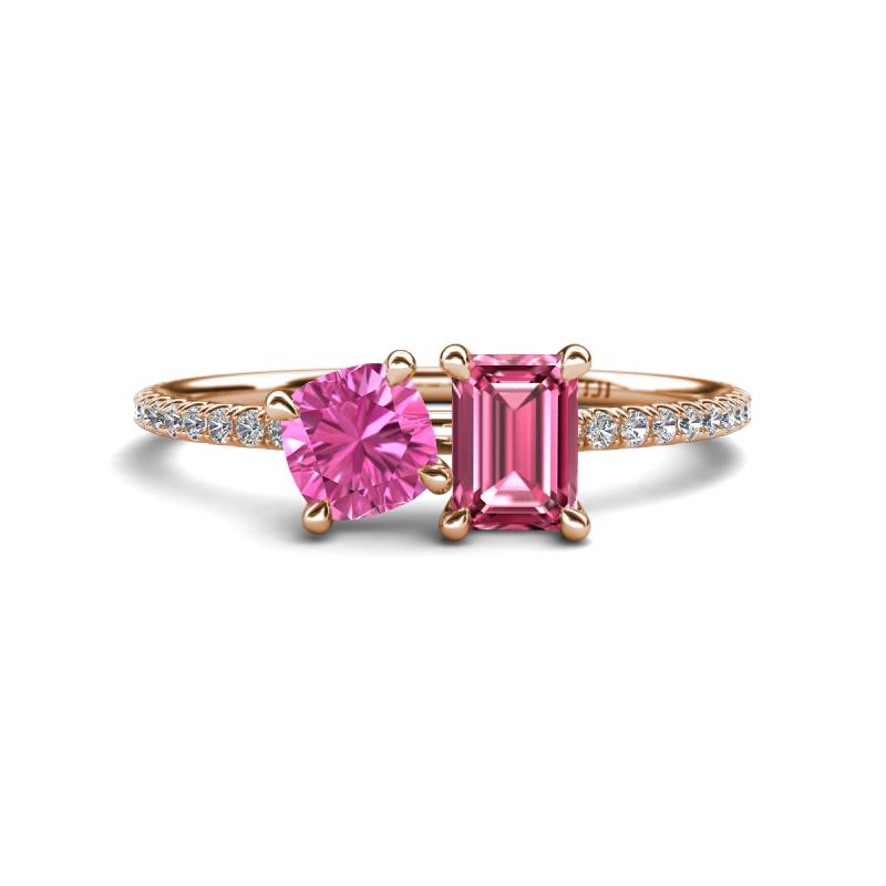 Elyse 6.00 mm Cushion Shape Lab Created Pink Sapphire and 7x5 mm Emerald Shape Pink Tourmaline 2 Stone Duo Ring 