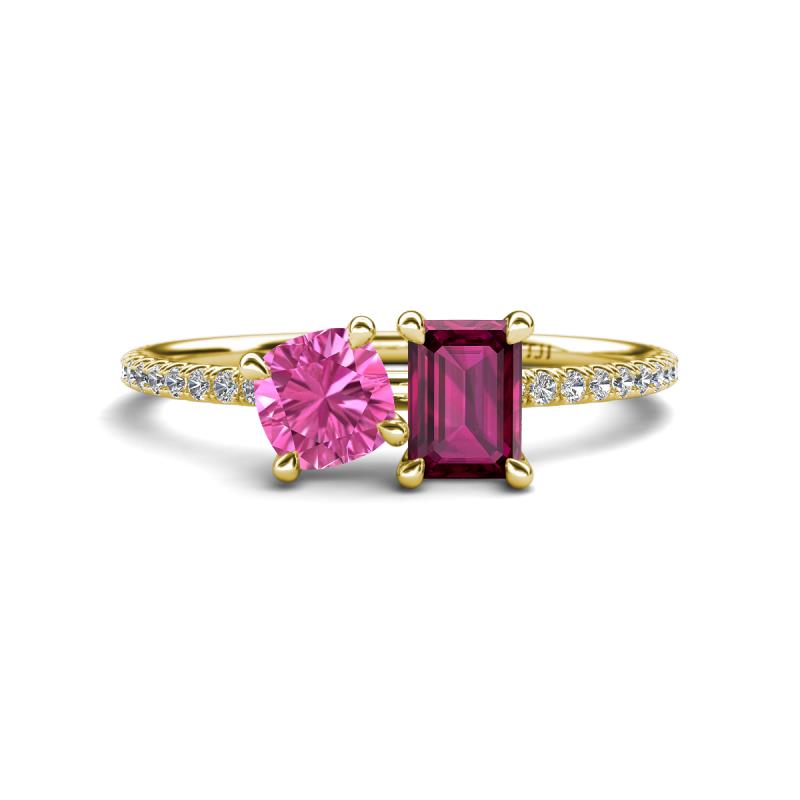 Elyse 6.00 mm Cushion Shape Lab Created Pink Sapphire and 7x5 mm Emerald Shape Rhodolite Garnet 2 Stone Duo Ring 