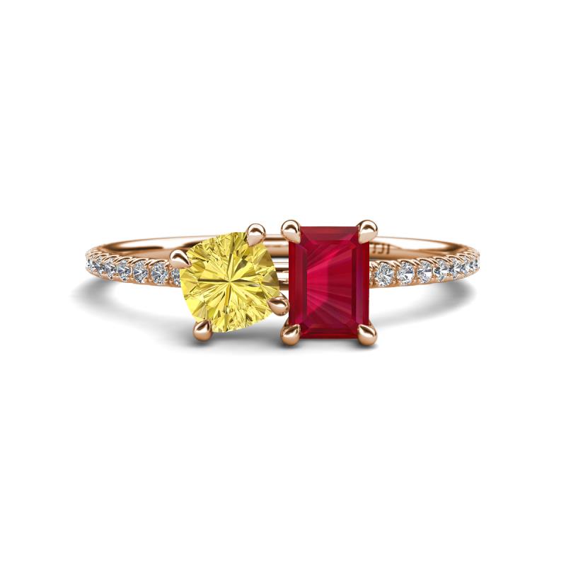 Elyse 6.00 mm Cushion Shape Lab Created Yellow Sapphire and 7x5 mm Emerald Shape Lab Created Ruby 2 Stone Duo Ring 