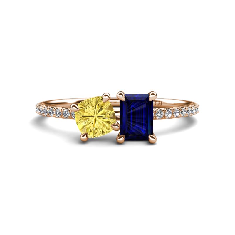 Elyse 6.00 mm Cushion Shape Lab Created Yellow Sapphire and 7x5 mm Emerald Shape Lab Created Blue Sapphire 2 Stone Duo Ring 