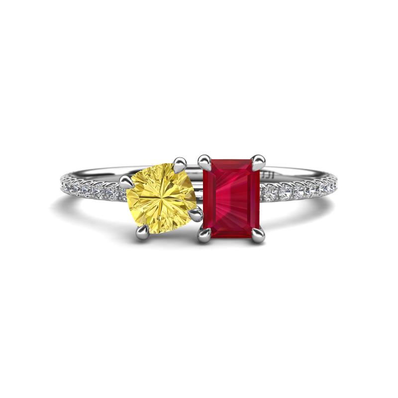 Elyse 6.00 mm Cushion Shape Lab Created Yellow Sapphire and 7x5 mm Emerald Shape Lab Created Ruby 2 Stone Duo Ring 