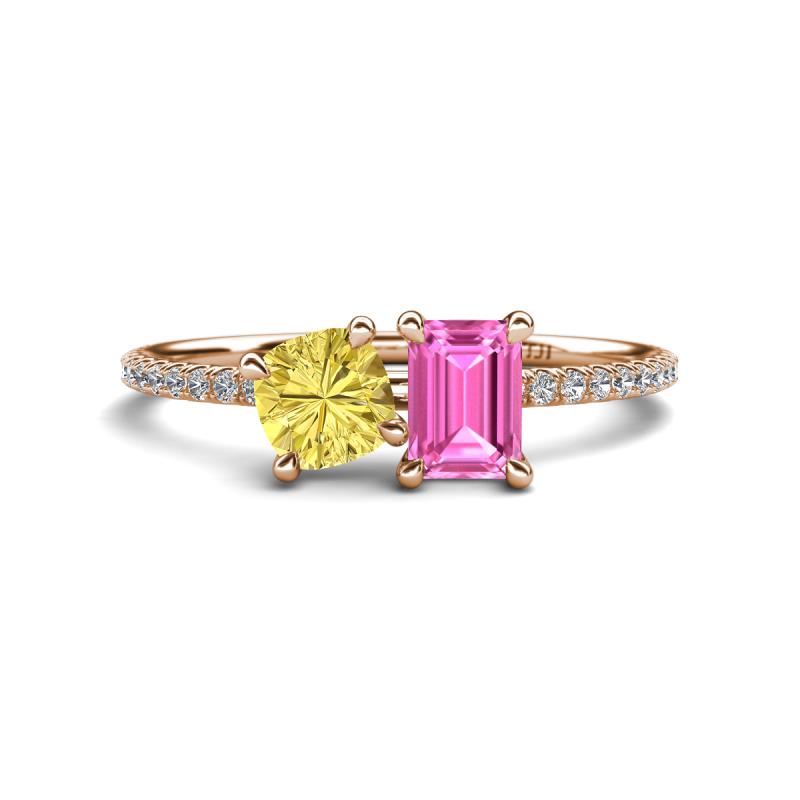 Elyse 6.00 mm Cushion Shape Lab Created Yellow Sapphire and 7x5 mm Emerald Shape Lab Created Pink Sapphire 2 Stone Duo Ring 
