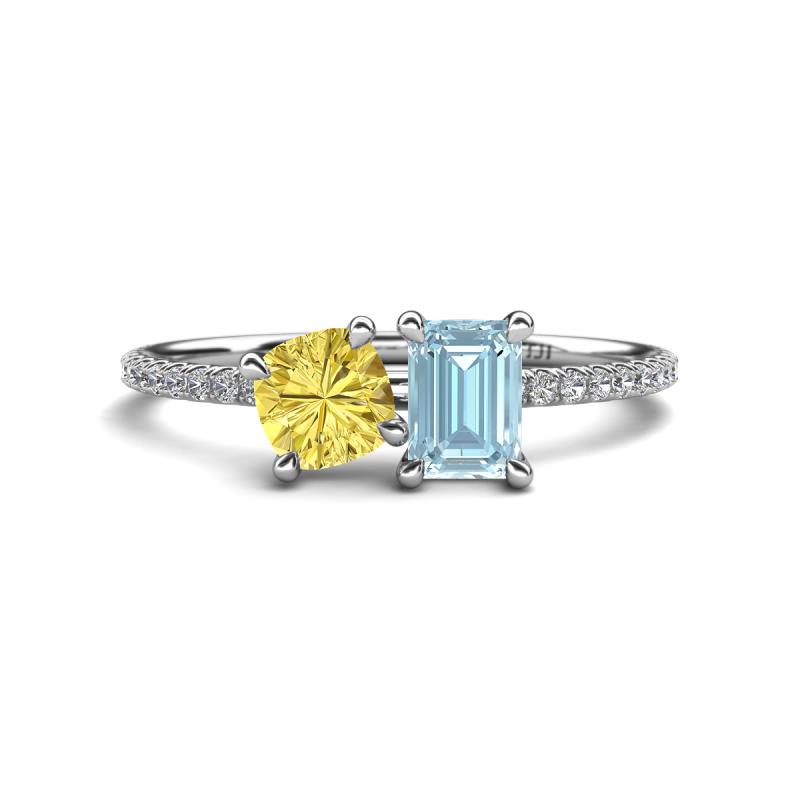Elyse 6.00 mm Cushion Shape Lab Created Yellow Sapphire and 7x5 mm Emerald Shape Aquamarine 2 Stone Duo Ring 