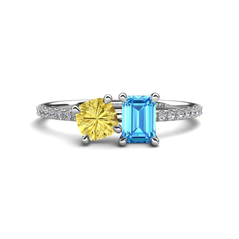 Elyse 6.00 mm Cushion Shape Lab Created Yellow Sapphire and 7x5 mm Emerald Shape Blue Topaz 2 Stone Duo Ring 