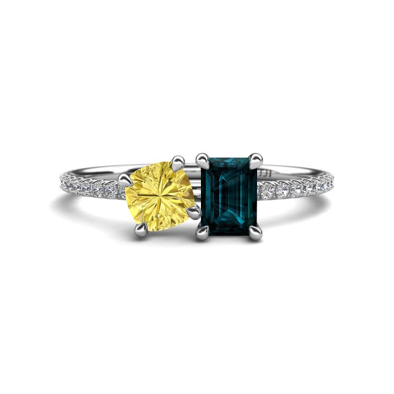 Elyse 6.00 mm Cushion Shape Lab Created Yellow Sapphire and 7x5 mm Emerald Shape London Blue Topaz 2 Stone Duo Ring 