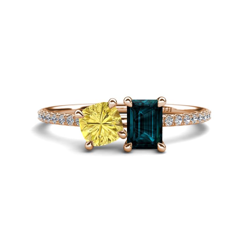 Elyse 6.00 mm Cushion Shape Lab Created Yellow Sapphire and 7x5 mm Emerald Shape London Blue Topaz 2 Stone Duo Ring 