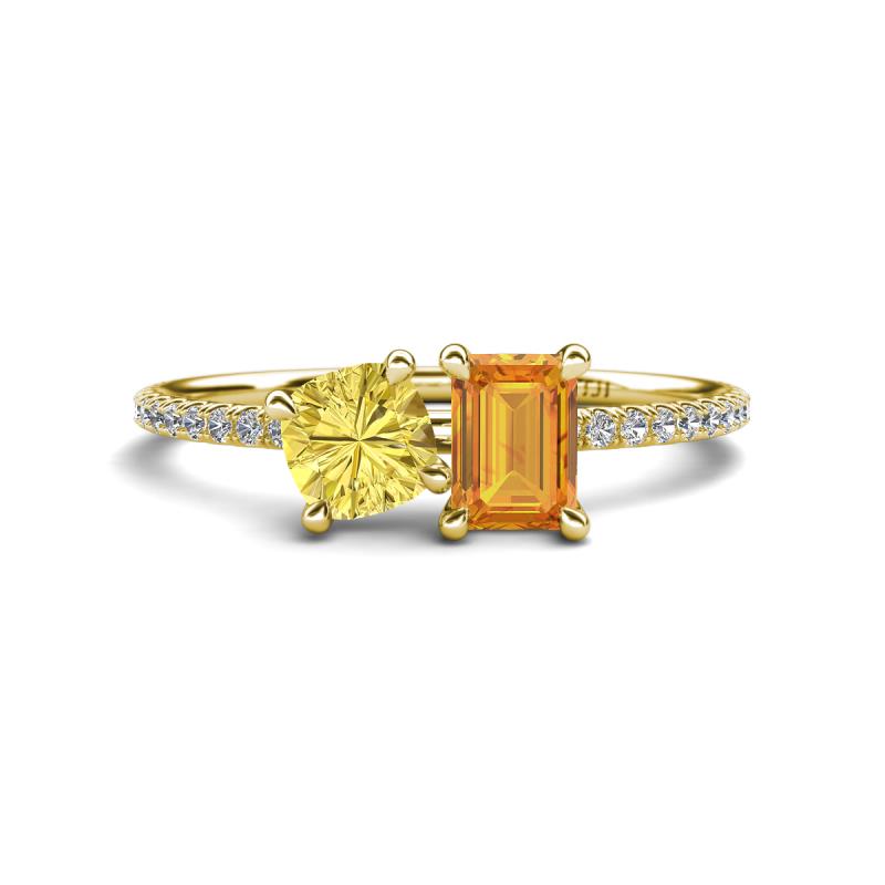 Elyse 6.00 mm Cushion Shape Lab Created Yellow Sapphire and 7x5 mm Emerald Shape Citrine 2 Stone Duo Ring 