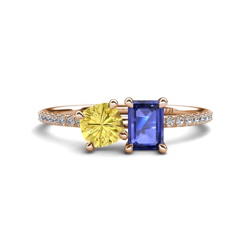 Elyse 6.00 mm Cushion Shape Lab Created Yellow Sapphire and 7x5 mm Emerald Shape Iolite 2 Stone Duo Ring 