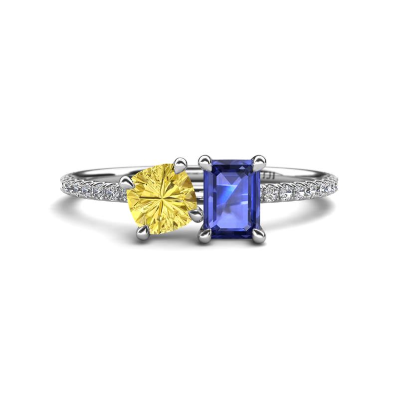 Elyse 6.00 mm Cushion Shape Lab Created Yellow Sapphire and 7x5 mm Emerald Shape Iolite 2 Stone Duo Ring 