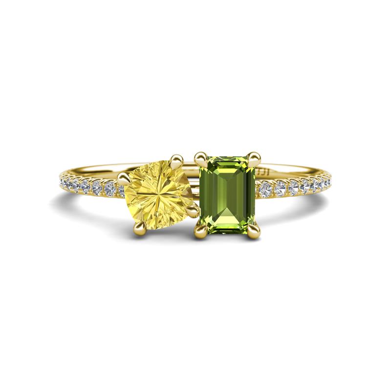 Elyse 6.00 mm Cushion Shape Lab Created Yellow Sapphire and 7x5 mm Emerald Shape Peridot 2 Stone Duo Ring 