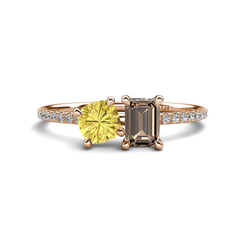 Elyse 6.00 mm Cushion Shape Lab Created Yellow Sapphire and 7x5 mm Emerald Shape Smoky Quartz 2 Stone Duo Ring 